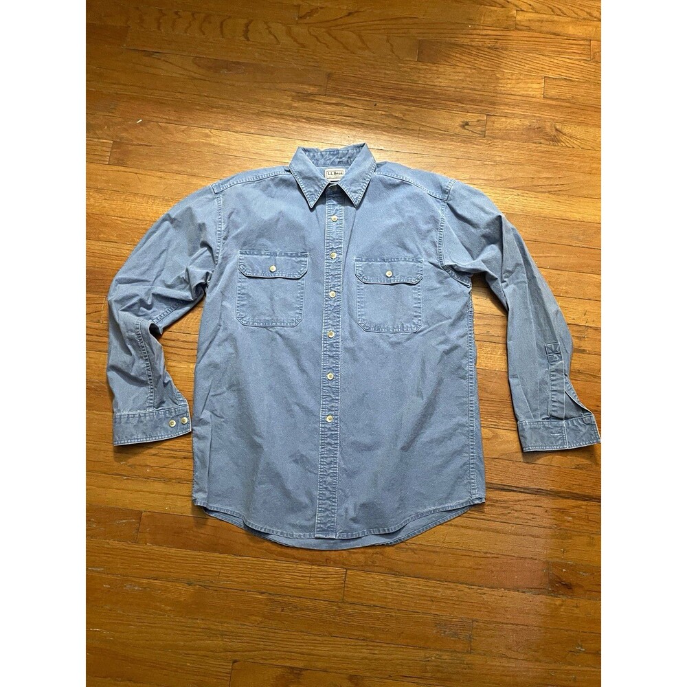 Vtg L.L.Bean Men's Blue Solid Woven Cotton Chamois Button-Up Made in Canada